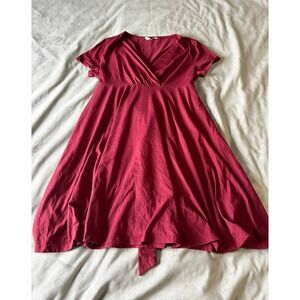 Ekouaer Womens Burgundy V-Neck Empire Waist Short Sleeve A-Line Dress Large